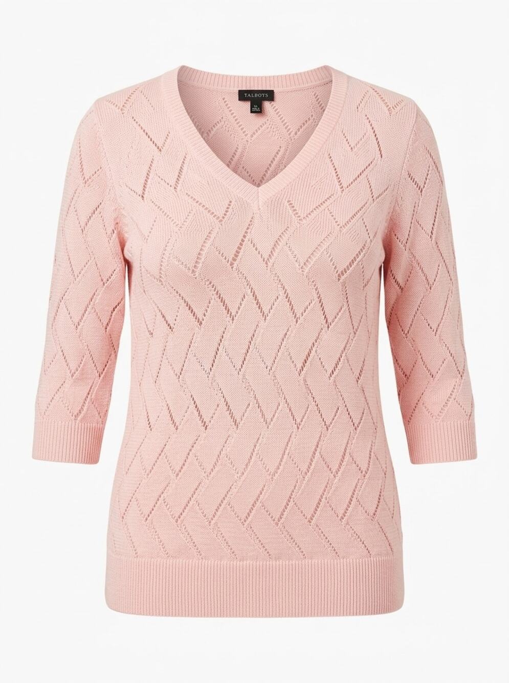 Talbots Pink Textured Knit V-Neck Sweater Solid 3/4 Sleeve Women Size XL